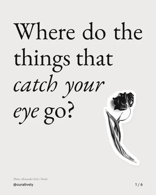 Carousel for Curatively: "Where do the things that catch your eye go?". Cutout essay, 6 slides, light palette.