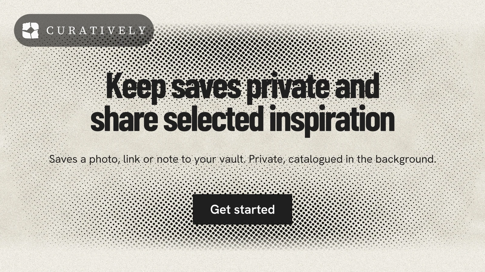 Landscape graphic for Curatively: "Keep saves private and share selected inspiration". Ink sticker style, centred layout, light palette in yellow, grey.