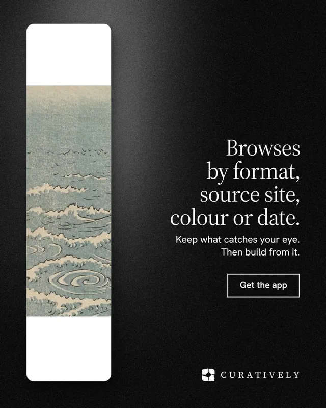 Instagram portrait post for Curatively: "Browses by format, source site, colour or date." Dark deco style, right layout, dark palette in grey, black.