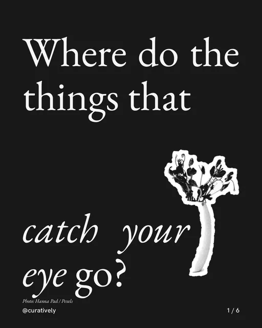Carousel for Curatively: "Where do the things that catch your eye go?". Cutout essay, 6 slides, dark palette.