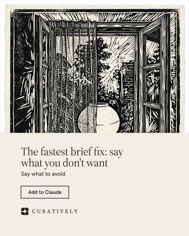 Instagram portrait post for Curatively: "The fastest brief fix: say what you don't want". Editorial style, bottom layout, light palette in yellow, black, grey.