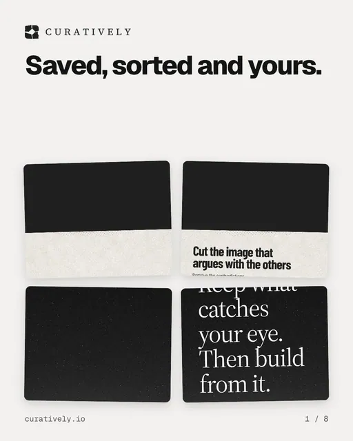 Carousel for Curatively: "Saved, sorted and yours.". Collection carousel, 8 slides, light palette.
