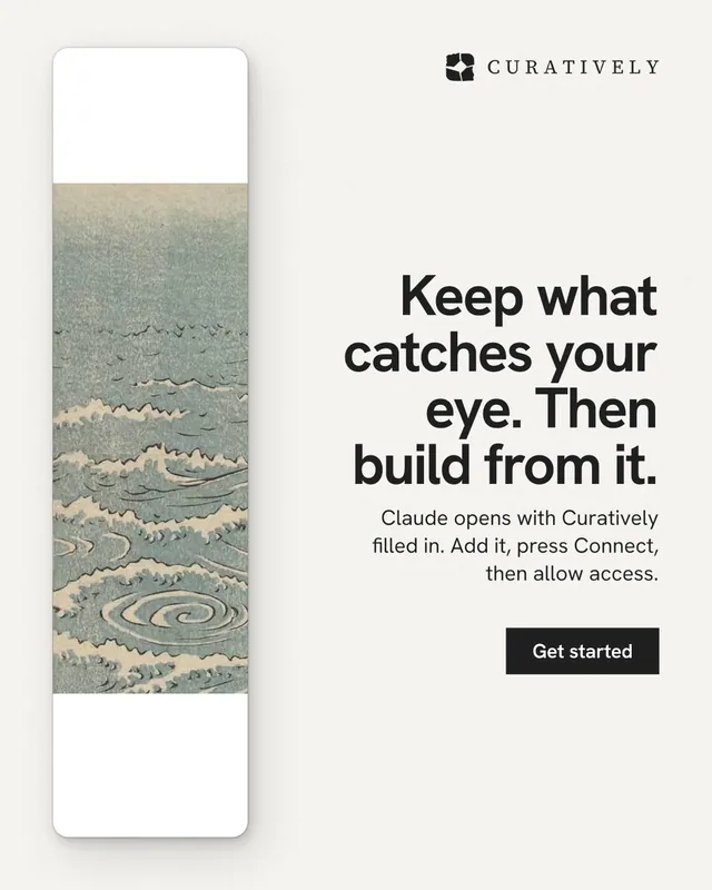 Instagram portrait post for Curatively: "Keep what catches your eye. Then build from it." Swiss style, right layout, light palette in white, grey.