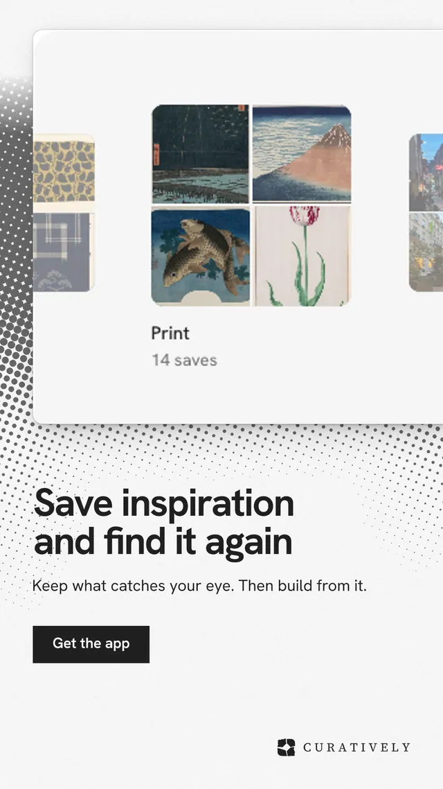 Instagram story for Curatively: "Save inspiration and find it again". Swiss style, bottom layout, light palette in white, grey.