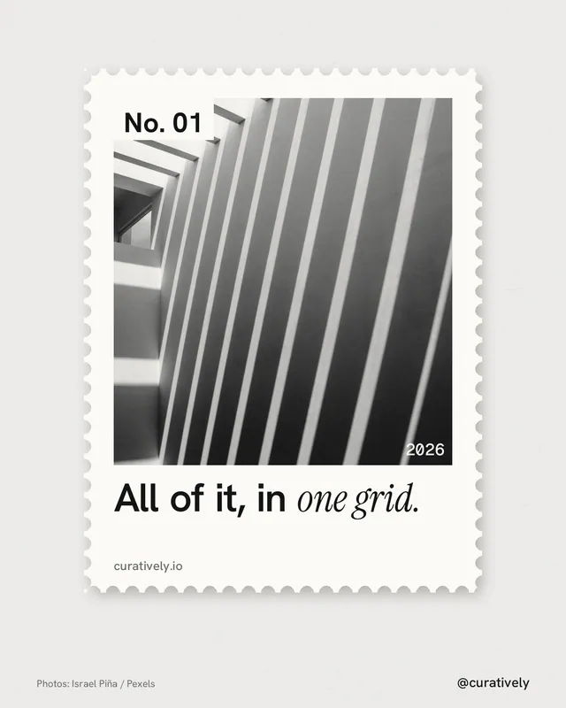 Instagram portrait post for Curatively: "All of it, in one grid." Single style, technique:stamp series layout, light palette in white, grey.