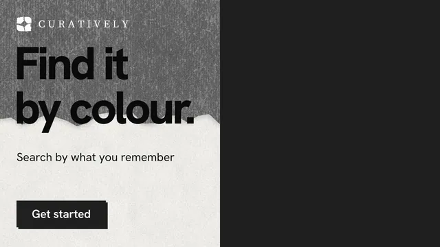 Landscape graphic for Curatively: "Find it by colour." Paper trio style, bottom layout, dark palette in black, white, grey.