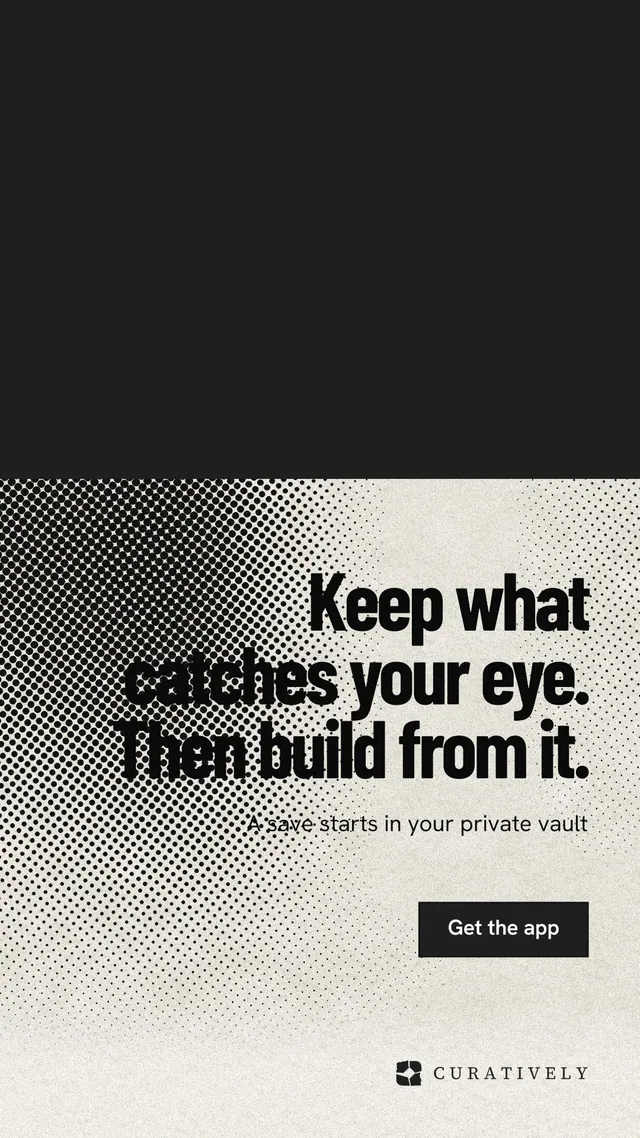 Instagram story for Curatively: "Keep what catches your eye. Then build from it." Ink sticker style, right layout, light palette in black, white, grey.
