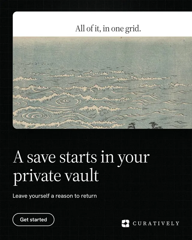 Instagram portrait post for Curatively: "A save starts in your private vault". Phosphor atlas style, bottom layout, dark palette in grey, black.