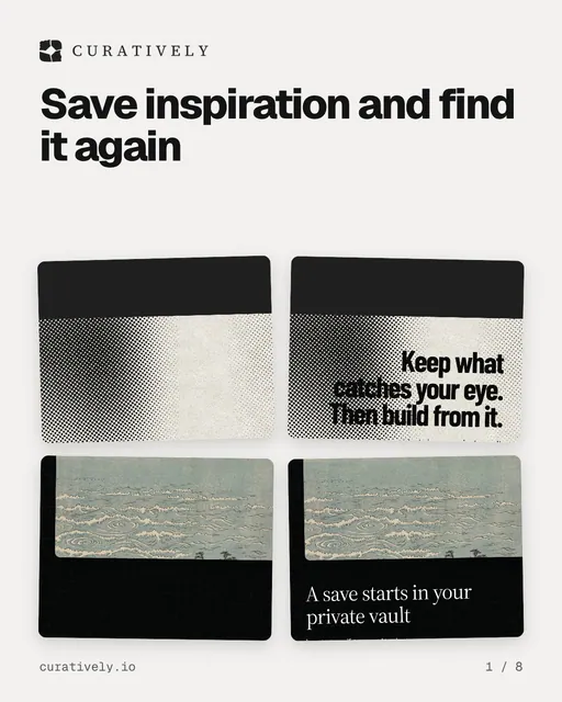 Carousel for Curatively: "Save inspiration and find it again". Collection carousel, 8 slides, light palette.