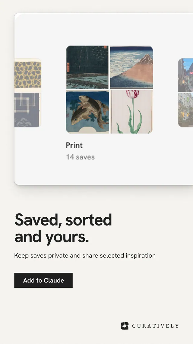 Instagram story for Curatively: "Saved, sorted and yours." Swiss style, bottom layout, light palette in white, grey.