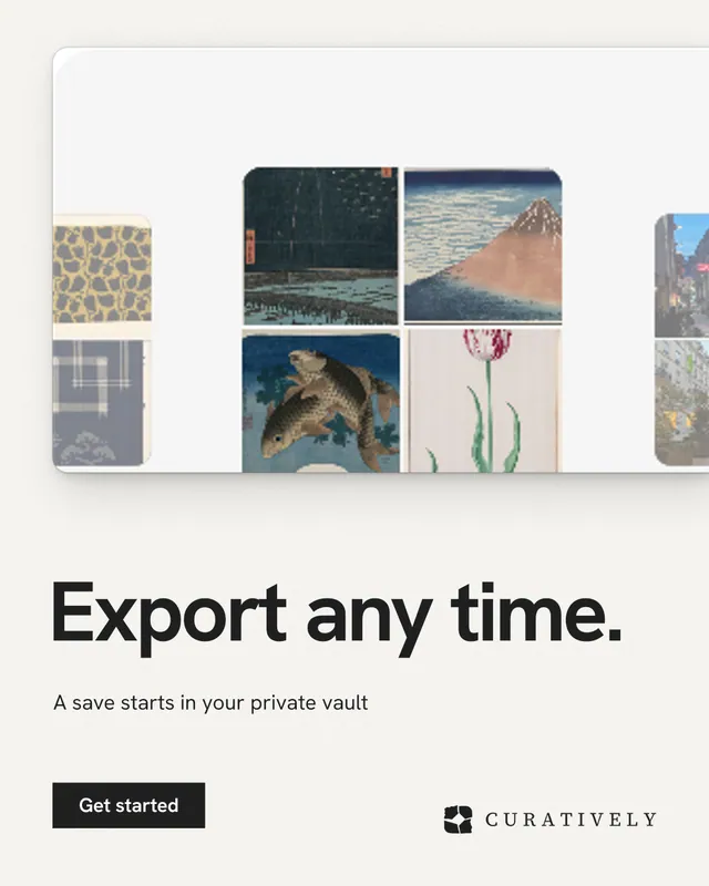 Instagram portrait post for Curatively: "Export any time." Swiss style, bottom layout, light palette in white, grey.