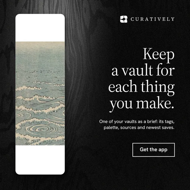 Instagram post for Curatively: "Keep a vault for each thing you make." Dark deco style, right layout, dark palette in grey, black.
