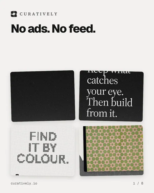 Carousel for Curatively: "No ads. No feed.". Collection carousel, 8 slides, light palette.