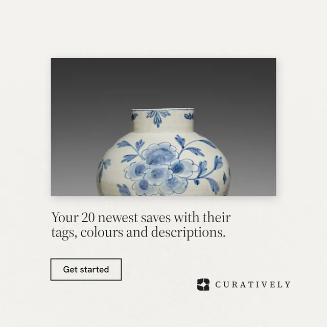 Instagram post for Curatively: "Your 20 newest saves with their tags, colours and descriptions." Editorial style, bottom layout, light palette in white, grey.