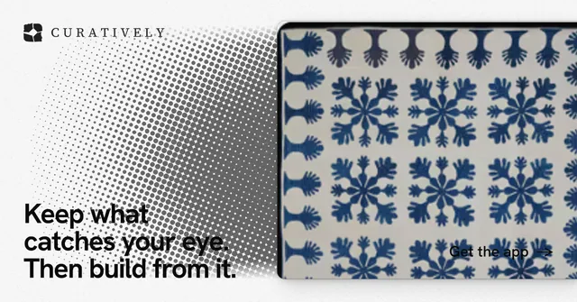 Social ad for Curatively: "Keep what catches your eye. Then build from it." Swiss style, image led layout, light palette in white, grey.