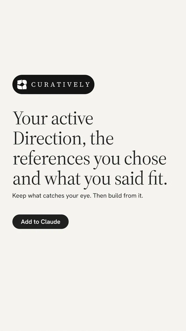 Instagram story for Curatively: "Your active Direction, the references you chose and what you said fit." Data card style, announce layout, light palette in white.