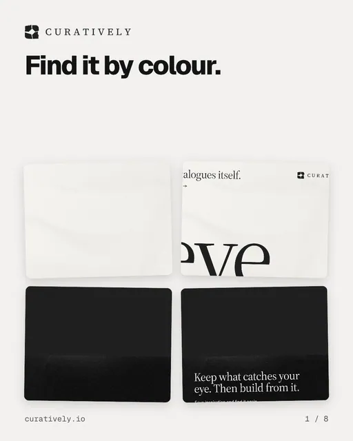 Carousel for Curatively: "Find it by colour.". Collection carousel, 8 slides, light palette.