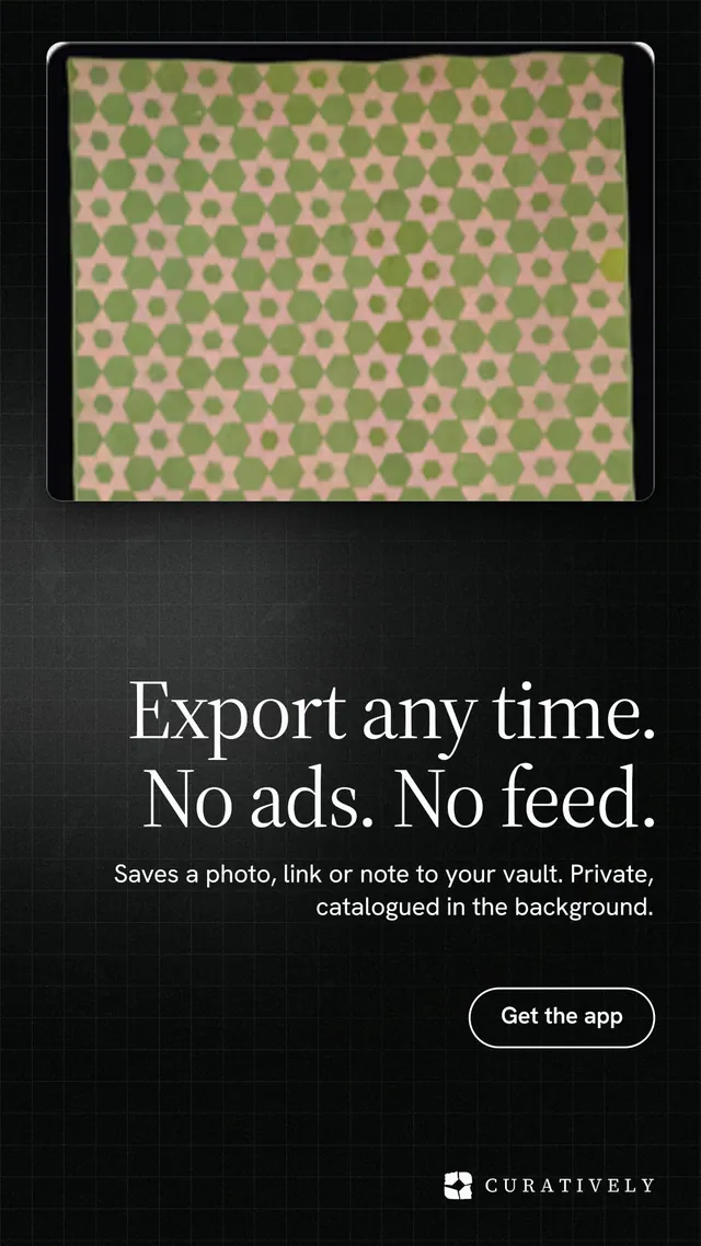 Instagram story for Curatively: "Export any time. No ads. No feed." Phosphor atlas style, right layout, dark palette in yellow, black.