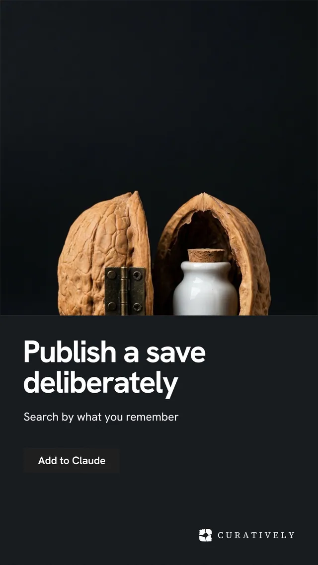 Instagram story for Curatively: "Publish a save deliberately". Swiss style, bottom layout, dark palette in black, grey.