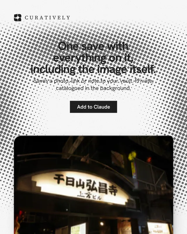 Instagram portrait post for Curatively: "One save with everything on it, including the image itself." Swiss style, centred layout, light palette in black, white, grey.