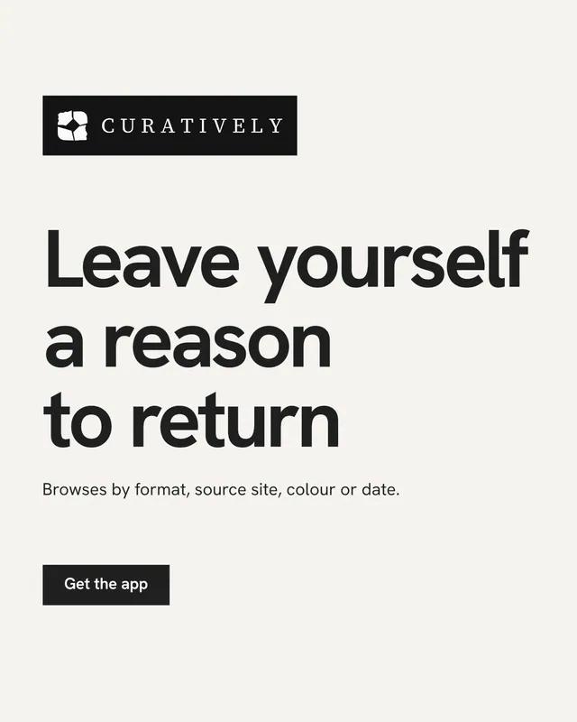Instagram portrait post for Curatively: "Leave yourself a reason to return". Swiss style, announce layout, light palette in white, grey.