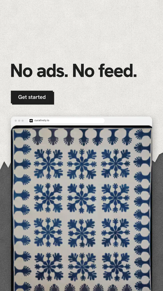 Instagram story for Curatively: "No ads. No feed." Paper trio style, browser layout, light palette in white, grey.