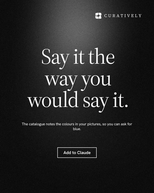 Instagram portrait post for Curatively: "Say it the way you would say it." Dark deco style, centred layout, dark palette in black, grey.