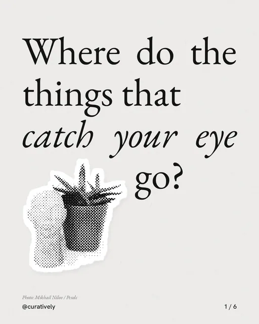 Carousel for Curatively: "Where do the things that catch your eye go?". Cutout essay, 6 slides, light palette.