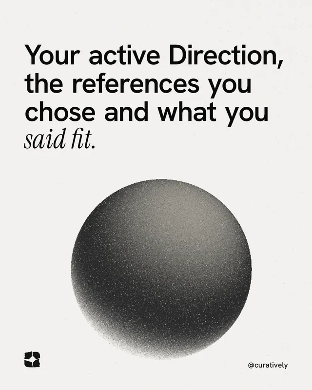 Instagram portrait post for Curatively: "Your active Direction, the references you chose and what you said fit." Auto 4x5 style, technique:shader field layout, light palette in white, grey.