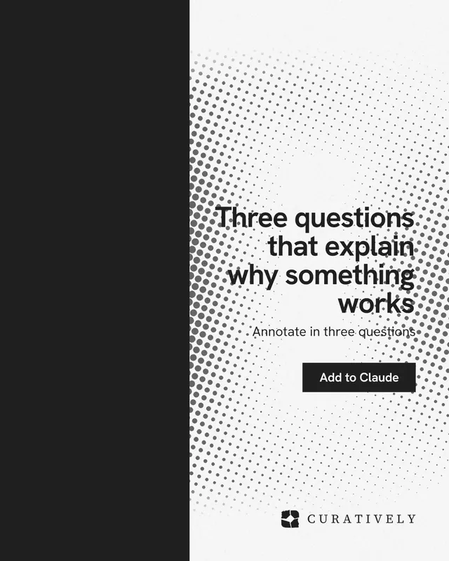 Instagram portrait post for Curatively: "Three questions that explain why something works". Swiss style, right layout, light palette in black, white.