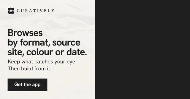 Social ad for Curatively: "Browses by format, source site, colour or date." Swiss style, bottom layout, light palette in black, white, grey.