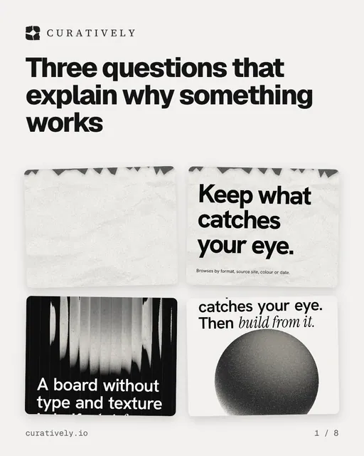 Carousel for Curatively: "Three questions that explain why something works". Collection carousel, 8 slides, light palette.
