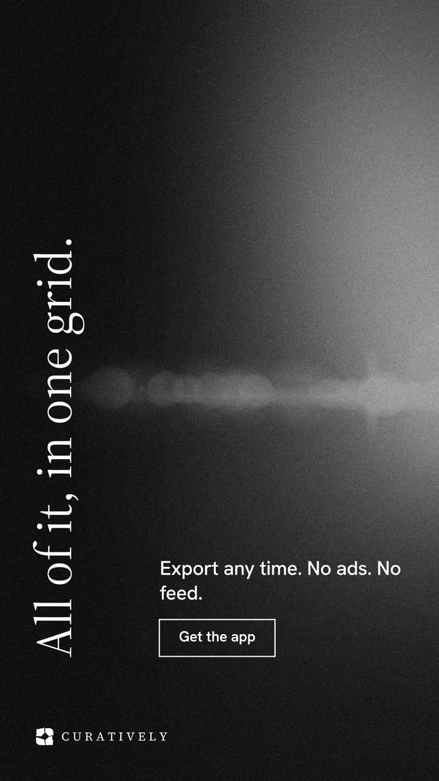 Instagram story for Curatively: "All of it, in one grid." Dark deco style, vertical layout, dark palette in black, grey.