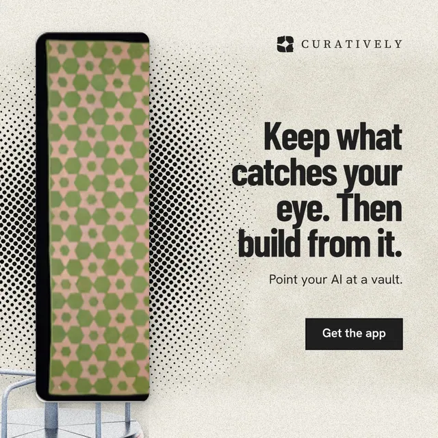 Instagram post for Curatively: "Keep what catches your eye. Then build from it." Ink sticker style, right layout, light palette in white, grey, yellow.