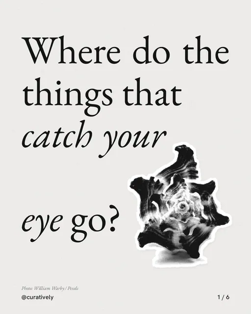 Carousel for Curatively: "Where do the things that catch your eye go?". Cutout essay, 6 slides, light palette.
