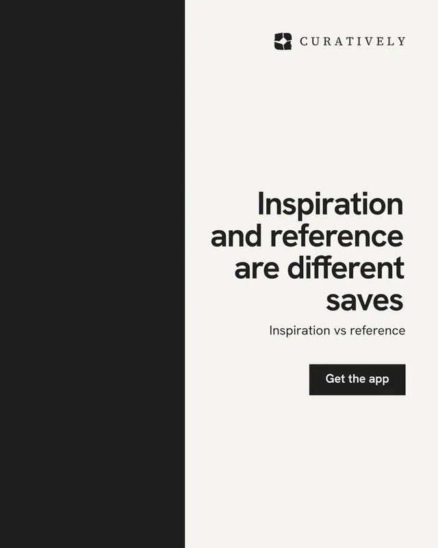Instagram portrait post for Curatively: "Inspiration and reference are different saves". Swiss style, right layout, light palette in white, black.