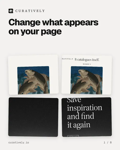 Carousel for Curatively: "Change what appears on your page". Collection carousel, 8 slides, light palette.