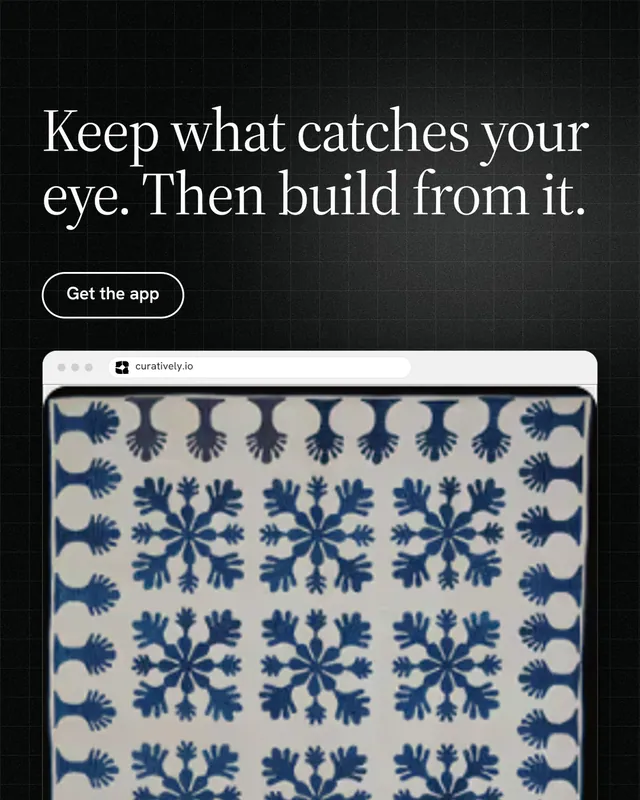 Instagram portrait post for Curatively: "Keep what catches your eye. Then build from it." Phosphor atlas style, browser layout, dark palette in grey, black.