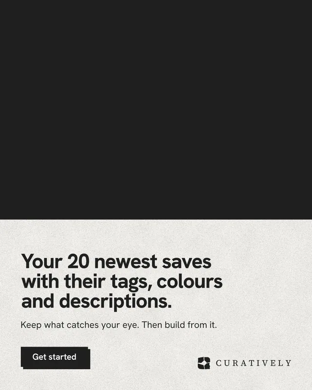 Instagram portrait post for Curatively: "Your 20 newest saves with their tags, colours and descriptions." Paper trio style, bottom layout, light palette in black, white, grey.