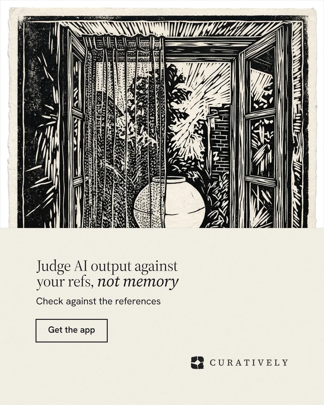 Instagram portrait post for Curatively: "Judge AI output against your refs, not memory". Editorial style, bottom layout, light palette in yellow, black, grey.