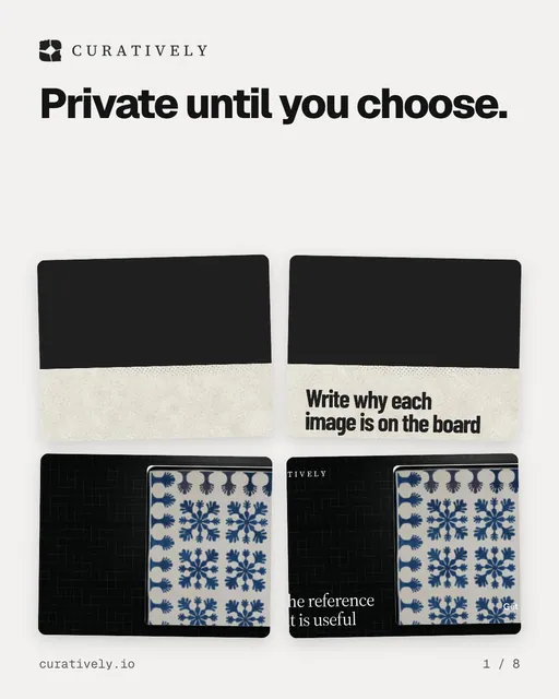 Carousel for Curatively: "Private until you choose.". Collection carousel, 8 slides, light palette.