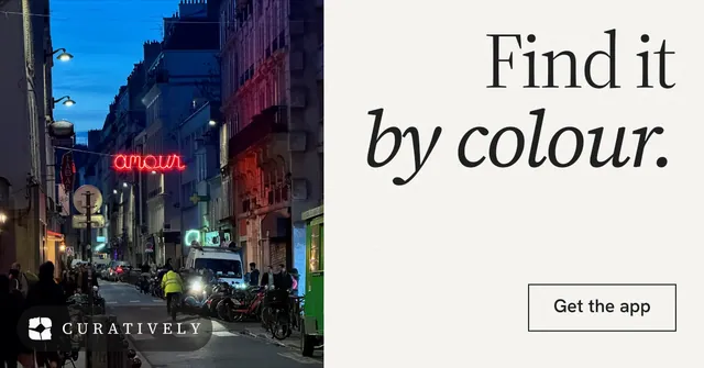 Social ad for Curatively: "Find it by colour." Editorial style, right layout, light palette in white, purple, blue.