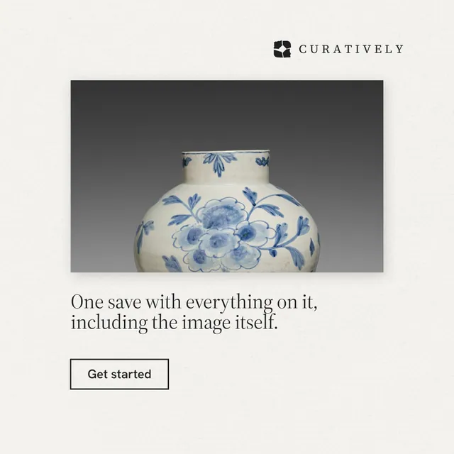 Instagram post for Curatively: "One save with everything on it, including the image itself." Editorial style, bottom layout, light palette in white, grey.