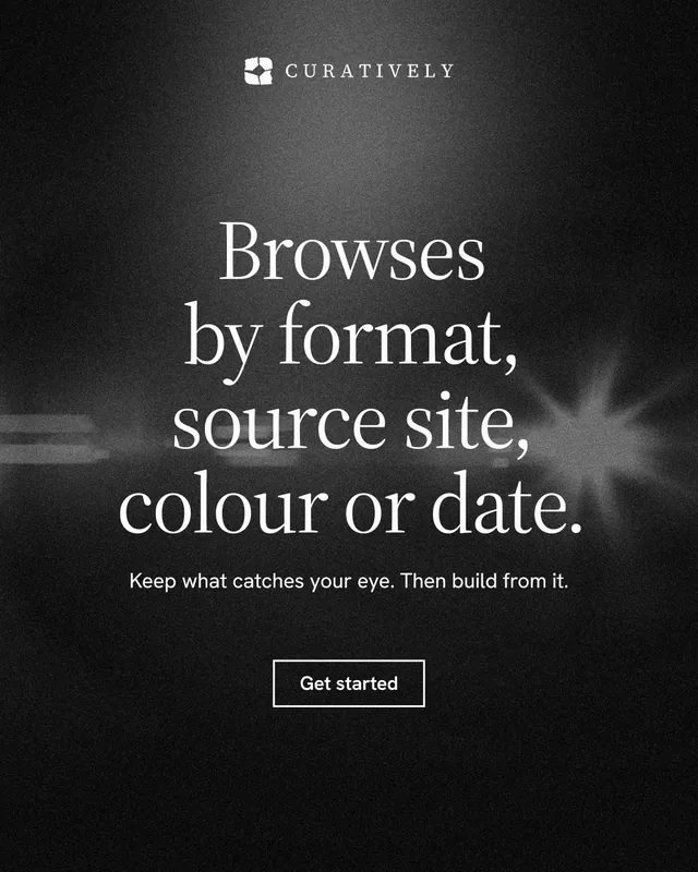 Instagram portrait post for Curatively: "Browses by format, source site, colour or date." Dark deco style, centred layout, dark palette in black, grey.