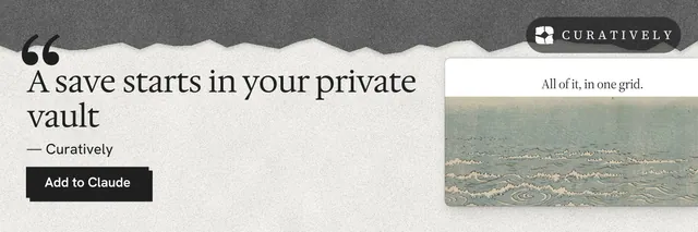 X header for Curatively: "A save starts in your private vault". Paper trio style, quote layout, light palette in white, grey.