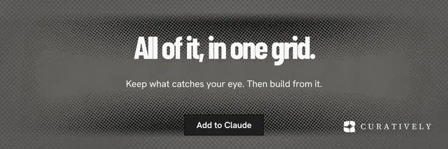 X header for Curatively: "All of it, in one grid." Ink sticker style, centred layout, dark palette in grey, black.