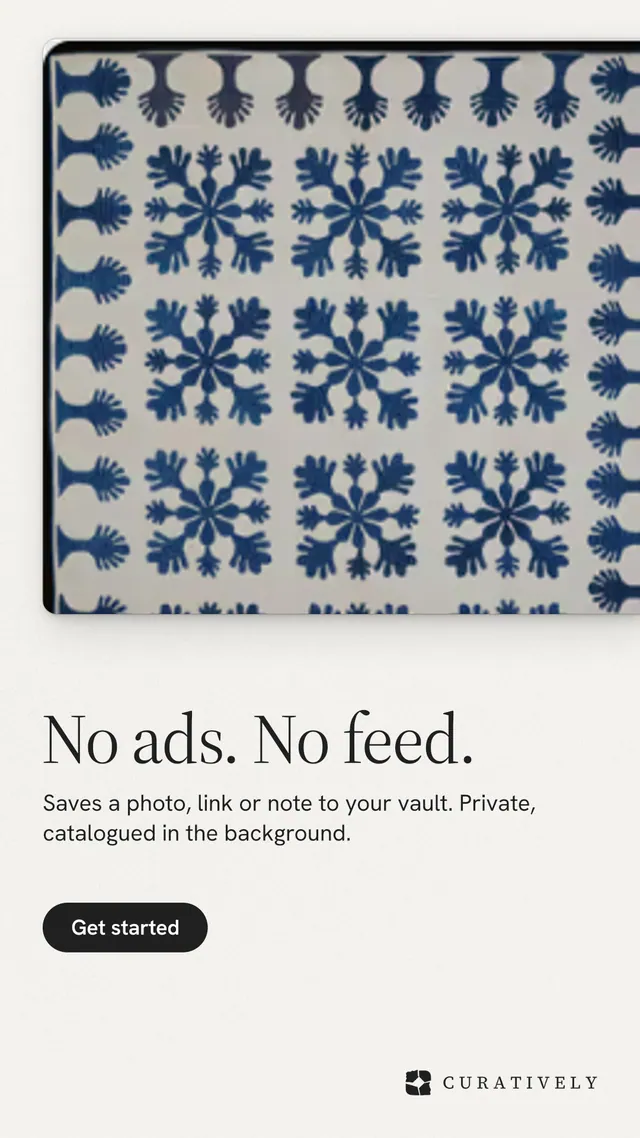 Instagram story for Curatively: "No ads. No feed." Data card style, bottom layout, light palette in white, grey.