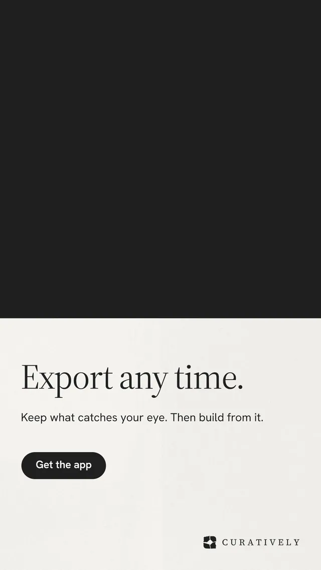 Instagram story for Curatively: "Export any time." Data card style, bottom layout, light palette in black, white.