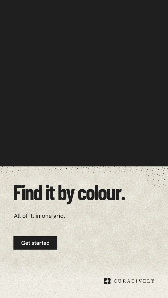 Instagram story for Curatively: "Find it by colour." Ink sticker style, bottom layout, light palette in black, yellow.