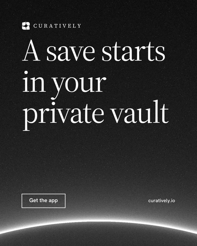 Instagram portrait post for Curatively: "A save starts in your private vault". Editorial style, poster layout, dark palette in black, grey.